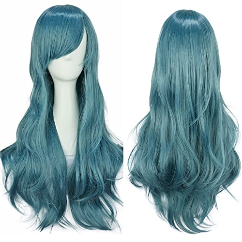 YEESHEDO Blau Grün Cosplay Perücke für Frauen Langes Gewelltes Haar Synthetische Perücken mit Pony für Halloween Party Kostüm Anime 28 Zoll 70 cm von YEESHEDO