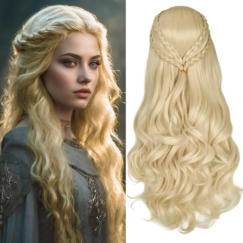YEESHEDO Blond Perück Drachenkönigin Cosplay Perücke für Khaleesi Lange lockige gewellte Zöpfe Haarperücken für Frauen Kostüm Halloween Party von YEESHEDO