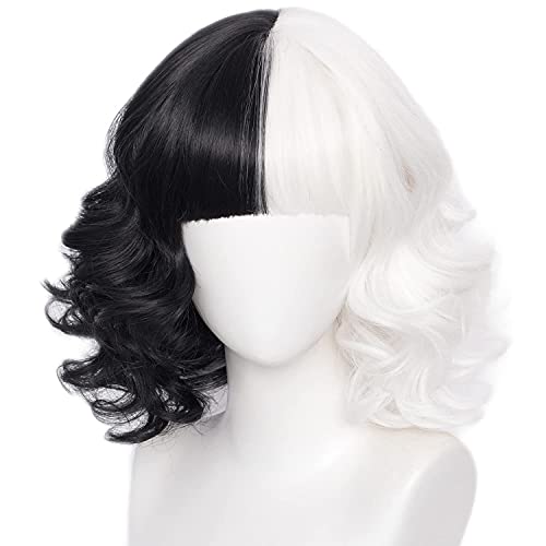 YEESHEDO Cruella De Vil Halb Schwarz Halb Weiß Perücke Damen Kurz Lockig Haar mit Pony Cosplay Wig Bob Perücke für Halloween Karneval und Party Fancy Dress von YEESHEDO