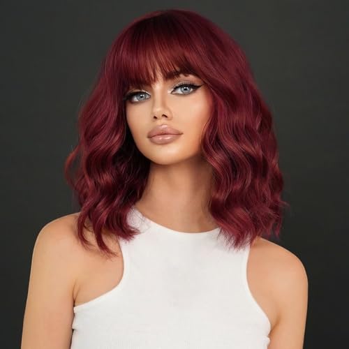 YEESHEDO Perücke Rot Damen Kurz Bob mit pony Locken Natürlich Perücken für Frauen Cosplay Perrucke Wig 14 Zoll (Weinrot) von YEESHEDO