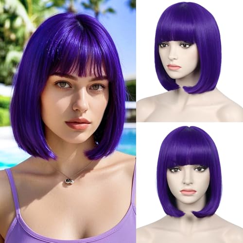 YEESHEDO Damen Dunkelviolett Kurze Bob Gerade Haar Perücken mit Pony Hitzebeständige Synthetische Bunte Perücke für Frauen für Tägliche Party Cosplay Kostüme von YEESHEDO