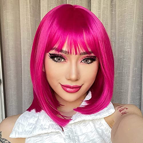 YEESHEDO Damen Feuer Rosa Kurze Bob Gerade Hot Pink Haar Perücken mit Pony Hitzebeständige Synthetische Bunte Perücke für Frauen für Tägliche Party Cosplay Kostüme von YEESHEDO