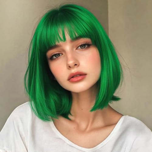 YEESHEDO Damen Grün Kurze Bob Gerade Haar Perücken mit Pony Hitzebeständige Synthetische Bunte Perücke für Frauen für Tägliche Party Cosplay Kostüme von YEESHEDO