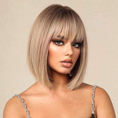 YEESHEDO Kurze Bob Blonde Ombre Haar Perücken Gerade mit Flach Pony Synthetische Bunte Cosplay Tägliche Party Perücke für Frauen Natürliche Wie Echthaar 30cm von YEESHEDO