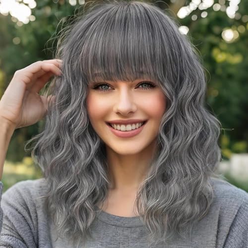 YEESHEDO Damen Perücke Grau, Holz Grau Kurze Bob Gewellte Perücken für Frauen mit Pony Synthetik Cosplay Halloween von YEESHEDO