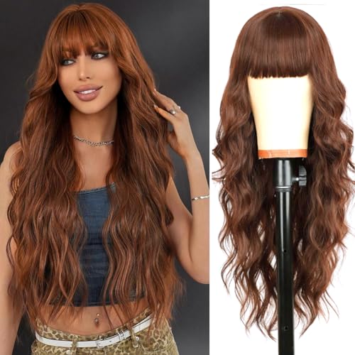 YEESHEDO Damen Perücke Lang Lockige braun Perücken für Frauen mit Pony, Natürlich Synthetisches Haar Wig, Anime Cosplay Halloween Wigs 28 Zoll (Honigbraun) von YEESHEDO