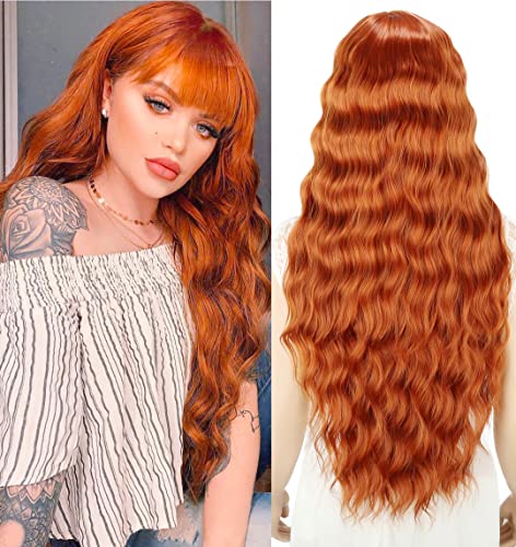 YEESHEDO Damen Perücke Lang Lockige Orange Rot Perücken für Frauen mit Pony, Natürlich Lange Locken Ingwer Rot Wig, Anime Cosplay Halloween Wigs 28 Zoll (Orange Rot) von YEESHEDO