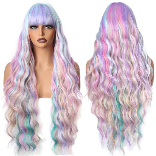 YEESHEDO Damen Perücke Lang Lockige Perücken für Frauen mit Pony, Natürlich Lange Locken Ingwer Rot Wig, Anime Cosplay Halloween Wigs 28 Zoll (Regenbogen) von YEESHEDO