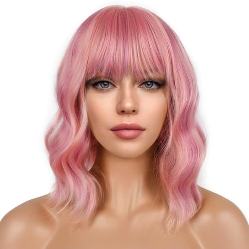 YEESHEDO Damen Perücke Pink Mix Pastellrosa Kurz Bob mit pony Locken Natürlich Perücken für Frauen Cosplay Perrucke Wig 35cm von YEESHEDO