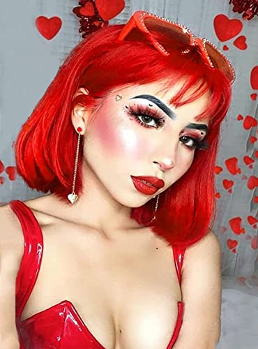 YEESHEDO Damen Rot Kurze Bob Gerade Haar Perücken mit Pony Hitzebeständige Synthetische Bunte Perücke für Frauen für Tägliche Party Cosplay Kostüme von YEESHEDO