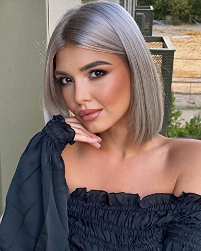 YEESHEDO Damen Silber Grau Kurze Bob Gerade Haar Perücken mit Mittelscheitel Hitzebeständige Synthetische Bunte Perücke für Frauen für Tägliche Party Cosplay Kostüme von YEESHEDO
