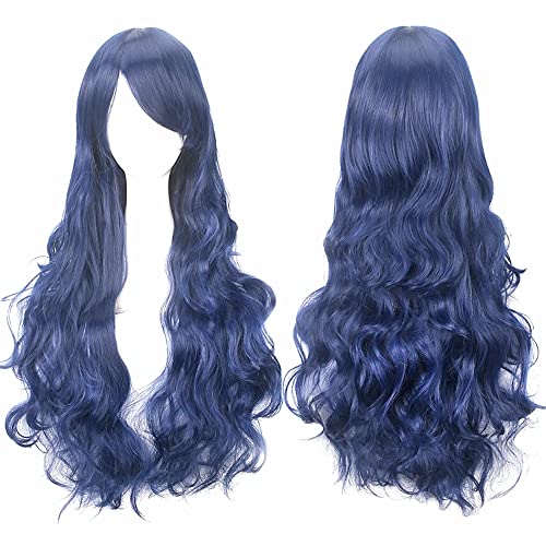 YEESHEDO Dunkel blau Cosplay Perücke für Frauen Langes Gewelltes Haar Synthetische Perücken mit Pony für Halloween Party Kostüm Anime 32 Zoll 80 cm von YEESHEDO