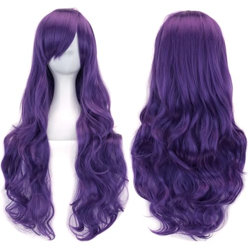 YEESHEDO Dunkel violett Cosplay Perücke für Frauen Langes Gewelltes Haar Synthetische Perücken mit Pony für Halloween Party Kostüm Anime 32 Zoll 80 cm von YEESHEDO