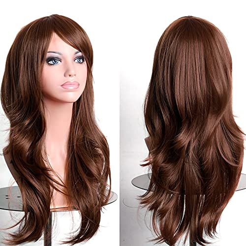 YEESHEDO Dunkelbraun Cosplay Perücke für Frauen Langes Gewelltes Haar Synthetische Perücken mit Pony für Halloween Party Kostüm Anime 28 Zoll 70 cm von YEESHEDO