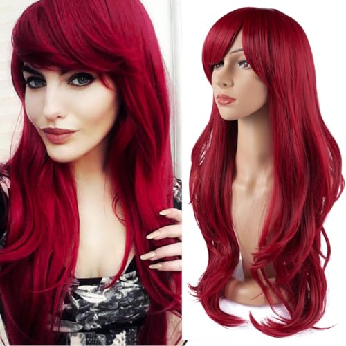 YEESHEDO Dunkelrot Cosplay Perücke für Frauen Langes Gewelltes Haar Synthetische Perücken mit Pony für Halloween Party Kostüm Anime 28 Zoll 70 cm von YEESHEDO