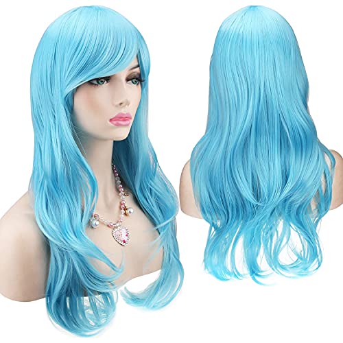 YEESHEDO Hellblau Cosplay Perücke für Frauen Langes Gewelltes Haar Synthetische Perücken mit Pony für Halloween Party Kostüm Anime 28 Zoll 70 cm von YEESHEDO