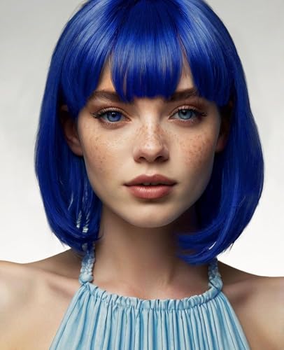YEESHEDO Kurze Bob Blau Haar Perücken Gerade mit Flach Pony Synthetische Bunte Cosplay Tägliche Party Perücke für Frauen Natürliche Wie Echthaar 30cm (Blue) von YEESHEDO