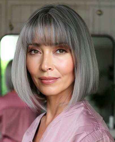 YEESHEDO Kurze Bob Grau mit dunkler Wurzel Haar Perücken Gerade mit Flach Pony Synthetische Bunte Cosplay Tägliche Party Perücke für Frauen Natürliche Wie Echthaar 30 cm von YEESHEDO