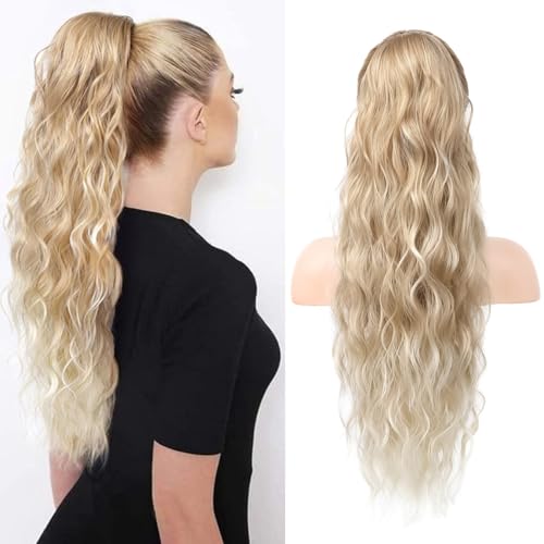 YEESHEDO Pferdeschwanz Haarteil Lang 60cm mit Kordelzug Wellig Locken Ponytail Extension Blond zu Platin Natürliches Clip in Haarteil Ponytail Haarzopf für Damen Afro Zopf Haarverlängerunge von YEESHEDO