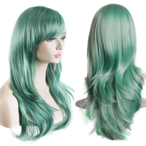 YEESHEDO Minzgrün Cosplay Perücke für Frauen Langes Gewelltes Haar Synthetische Perücken mit Pony für Halloween Party Kostüm Anime 28 Zoll 70 cm von YEESHEDO