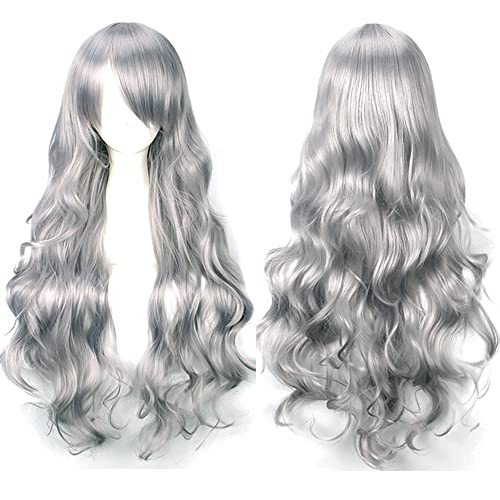 YEESHEDO Perücke Grau lange gewellt Ombre grau Perücke Frauen, lockiges synthetisches hitzebeständiges Haar, für Halloween/Party/Cosplay 32 Zoll 80 cm von YEESHEDO