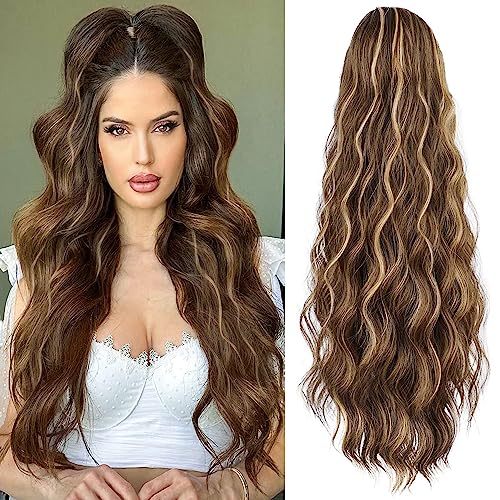 YEESHEDO Pferdeschwanz Haarteil Lang 60cm mit Kordelzug Wellig Locken Ponytail Extension braun mit Blond Natürliches Clip in Haarteil Ponytail Haarzopf für Damen Afro Zopf Haarverlängerunge von YEESHEDO