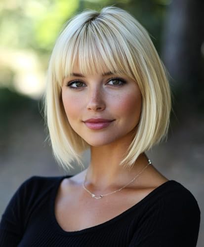 YEESHEDO Short Bob Wig with Bangs 12" Synthetic Straight Carnival Costume Party Cosplay Christmas Halloween Flapper Hair Wigs for Girls Women (Light Blonde) von YEESHEDO