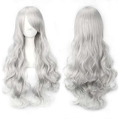 YEESHEDO Silber Grau Cosplay Perücke für Frauen Langes Gewelltes Haar Synthetische Perücken mit Pony für Halloween Party Kostüm Anime 32 Zoll 80 cm von YEESHEDO