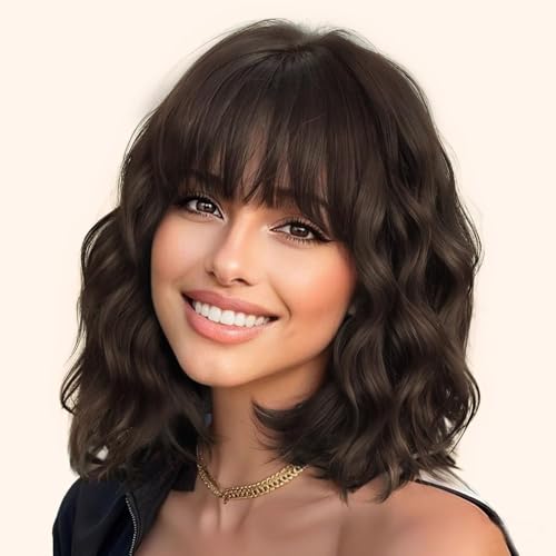 YEESHEDO Perücke Dunkelbraun Damen Kurz Bob mit Pony Lockig Natürlich Perücken für Frauen Cosplay Perrucke Wig 14 Zoll (Dunkel braun) von YEESHEDO