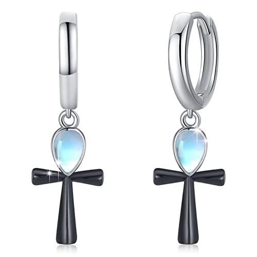 Ankh-Kreuz-Ohrringe für Damen, 925er Sterlingsilber, Ankh-Kreuz-Tropfenohrringe, ägyptische Ohrringe mit Mondstein, Schmuckgeschenke für Frauen von YEESIA