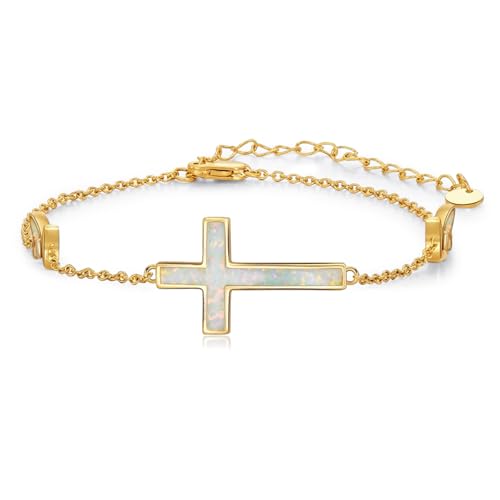 YEESIA Gold Kreuz Armband Damen 925er Sterlingsilber Kreuz Schmetterlings Opalarmband Religiöse Armbänder Opalschmuck Geschenke zum Schulabschluss, Prime Geschenke von YEESIA