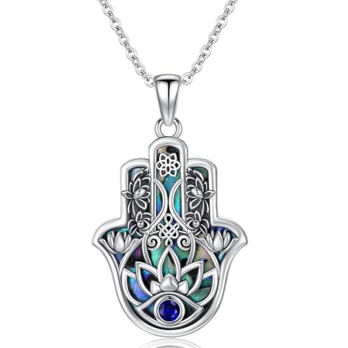 YEESIA Hand der Fatima Halskette 925 Sterling Silber Hand der Fatima bösem Blick Anhänger mit Zirkon bösem Blick Lotus Halskette mit Abalone Schutzschmuck für Mutter, Ehefrau und Großmutter von YEESIA
