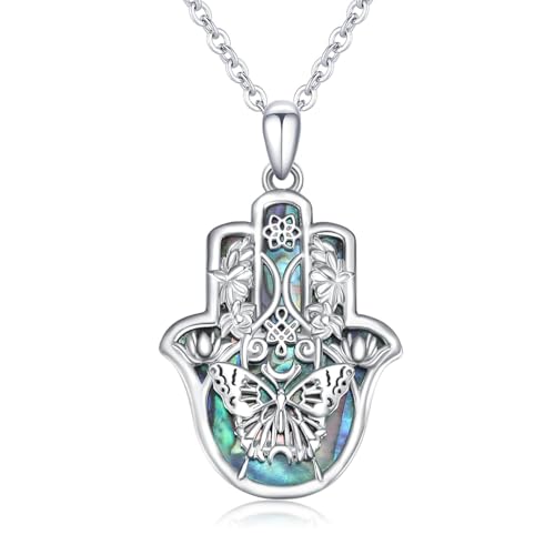 YEESIA Hand der Fatima Halskette Damen 925 Sterling Silber Hand der Fatima Schmetterlings Anhänger Hand der Fatima Lotus Halskette mit Abalone Amulettschmuck Geschenk für Frauen von YEESIA