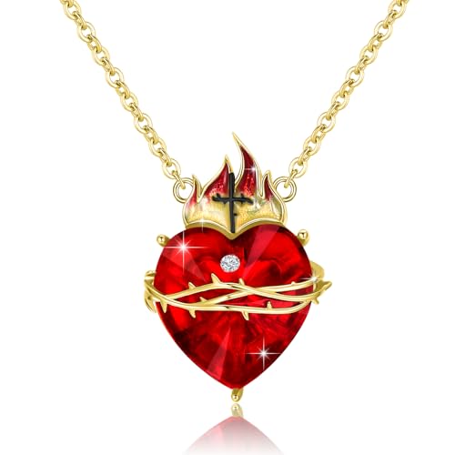 YEESIA Heiliges Herz Jesu Halskette 925 Sterling Silber Heiliges Herz Jesu Anhänger Goldkette Jesus Christus Kreuz Kristall Gold Halskette Religiöser Schmuck Geschenk für Männer Frauen von YEESIA