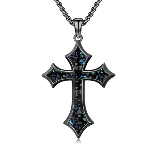 YEESIA Kreuz Halskette für Herren 925 Sterling Silber Western Kreuzkette mit Abalone-Steinen Schwarz Vintage Kreuzkette Abalone Schmuck Geschenke für Männer Frauen von YEESIA
