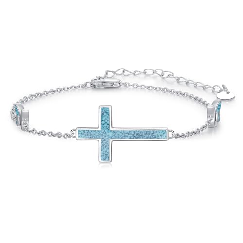 YEESIA Kreuzarmband Damen 925 Sterling Silber Kreuz Schmetterling Türkis Armband Religiöses Armband Türkis Schmuck Abschlussgeschenk, Hochwertiges Geschenk von YEESIA