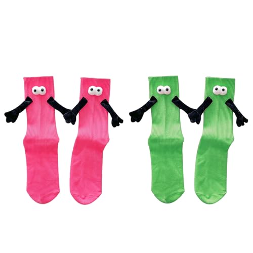 YEJAHY 2 Paar lustige magnetische Socken Paar Socken, 3D Puppe Paar hält Hände Socken, Freundschaft Socken niedlich Neuheit Mitte Rohr Socken, für Männer Frauen Paare Freunde(Rosenrot + Grün) von YEJAHY