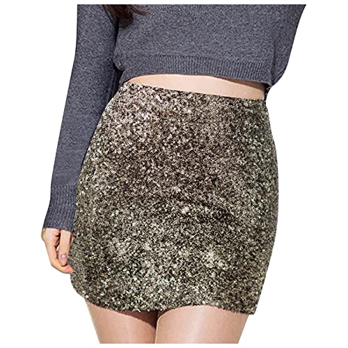 Damen Slim Rock Pailletten Rock Hohe Taille Voll Bauch Rock Solide Sexy Eleganter Rock Kurz Vorne, E-Gold., XXL von YEJSERE