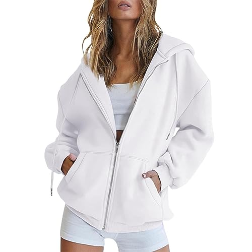 YEJSERE Damen Kapuzenjacke Taschensweatshirt Lässige Kleidung mit Kordelzug Sweatjacke Reißverschluss Einfarbig Langarm Mantel Herbst Winter Kleidung, 6 - Weiß, 54 von YEJSERE