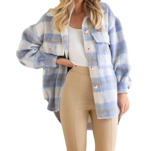 YEJSERE Lässige Flanelljacke für Damen, Oversize, Langarm, Button-Down-Hemden, Oberteile, falsche Jacke, Mantel, Mode, Blau-A, 36 von YEJSERE