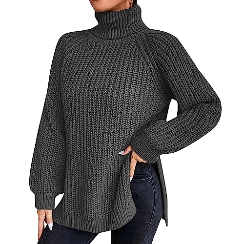 YEJSERE Pullover, einfarbig, locker, mittel, lang, Herbst/Winter, Rollkragen, Pullover, Langarm, Mäntel für Damen, klein, grau, XXX-Large von YEJSERE