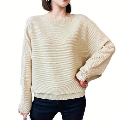 Damenpullover, schulterfrei, Fledermausärmel, lockerer, einfarbiger Strickpullover, Oberteile., khaki, One size von YEKEYI