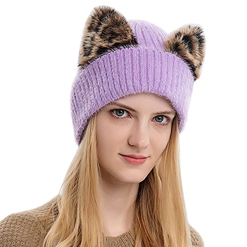 YEKEYI Beanie Mütze für Frauen Niedliche Katzenohren Beanie Wintermütze mit Hörnern Beanie Mützen Strickbündchen Warme Skimützen, violett, 7 1/8 von YEKEYI