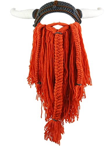 YEKEYI Big Horn Wikinger Mütze Beanie Bart Wikinger Strickmütze Barbarian Lustige Skimütze Lustige Halloween Mütze Weihnachtsmütze, Orange, 7.125 von YEKEYI