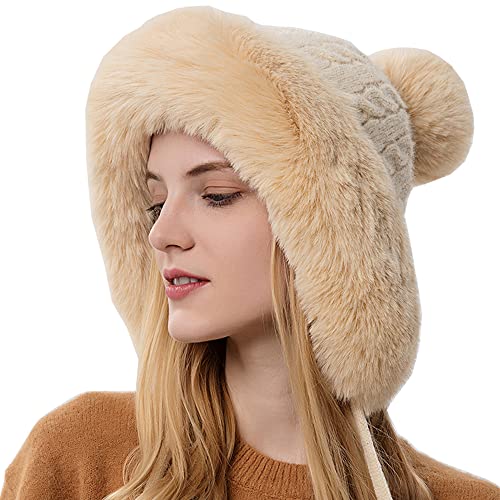 YEKEYI Damen Winter Sturmhaube Warm Kapuze Pullover Strickmütze, beige, 58 von YEKEYI