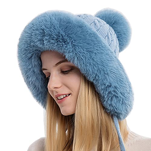 YEKEYI Damen Winter Sturmhaube Warm Kapuze Pullover Strickmütze, blau, 58 von YEKEYI