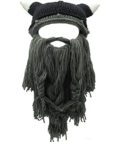 YEKEYI Wikinger Bart Beanie Horn Mütze Winter Warme Maske Gestrickte Wolle Lustige Schädel Kappe, Horn Dgray, Einheitsgröße von YEKEYI