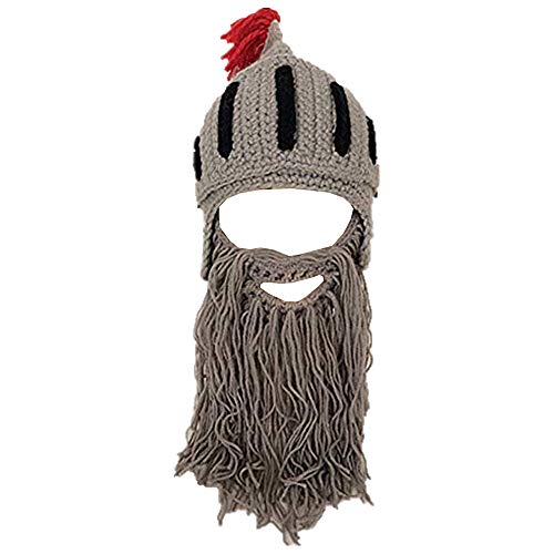 YEKEYI Lustige Ritter Helm Beanie mit Bartmütze Handgemachte Gestrickte Winter Dicke Kappe Octopus Hut Halloween Cosplay Skimaske, grau, Einheitsgröße von YEKEYI