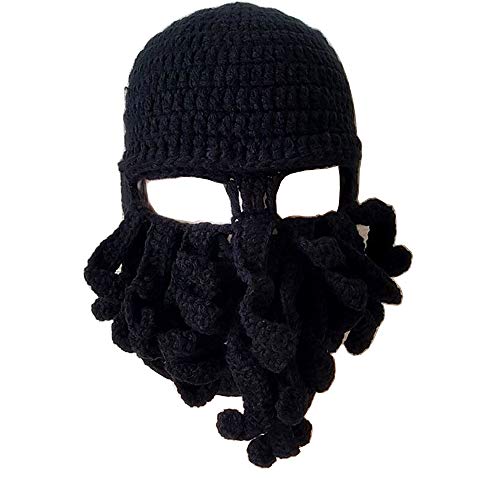 YEKEYI Lustige Ritter Helm Beanie mit Bartmütze Handgemachte Gestrickte Winter Dicke Kappe Octopus Hut Halloween Cosplay Skimaske, Schwarz , Einheitsgröße von YEKEYI