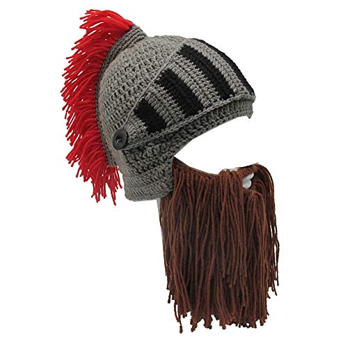 Perücke Bart Hüte Cosplay Roman Knight Strickhelm Winter Sport Wärmer Cap Ski Lustige Maske Beanie (Brown-Bart-rote Quaste) von YEKEYI